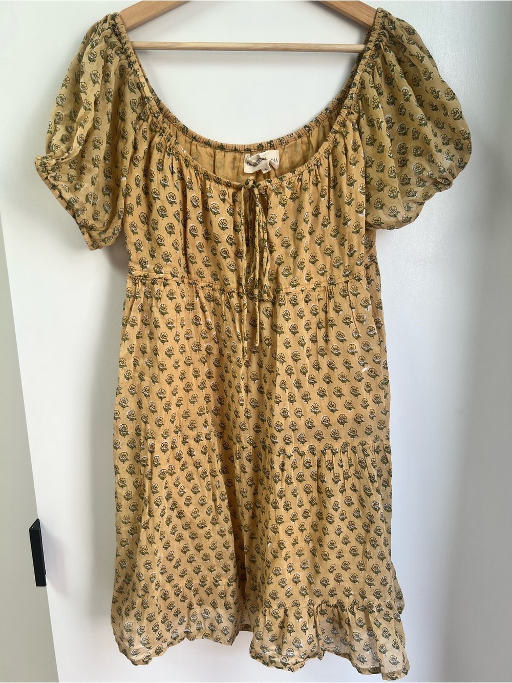 Daughters of India Mustard Yellow Floral Tie-Front Boho Dress
